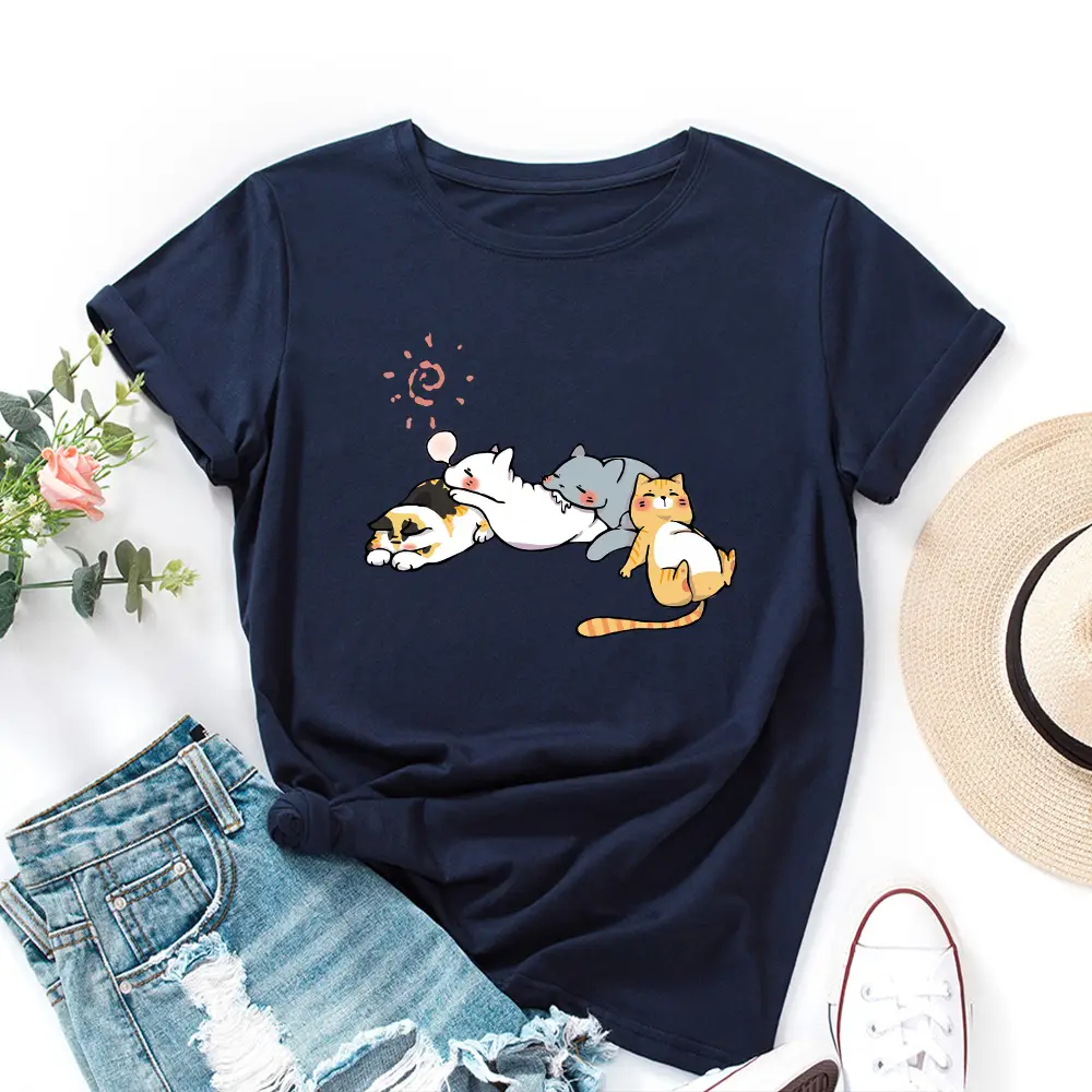 Women's Pink Cat Print T-Shirt Loose Fit Short Sleeve - Image 9