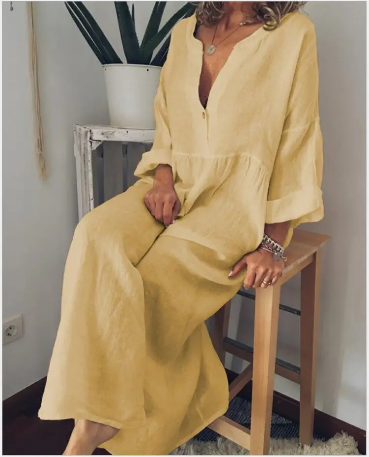 Black Linen V-Neck Long Sleeve Dress for Women - Image 2