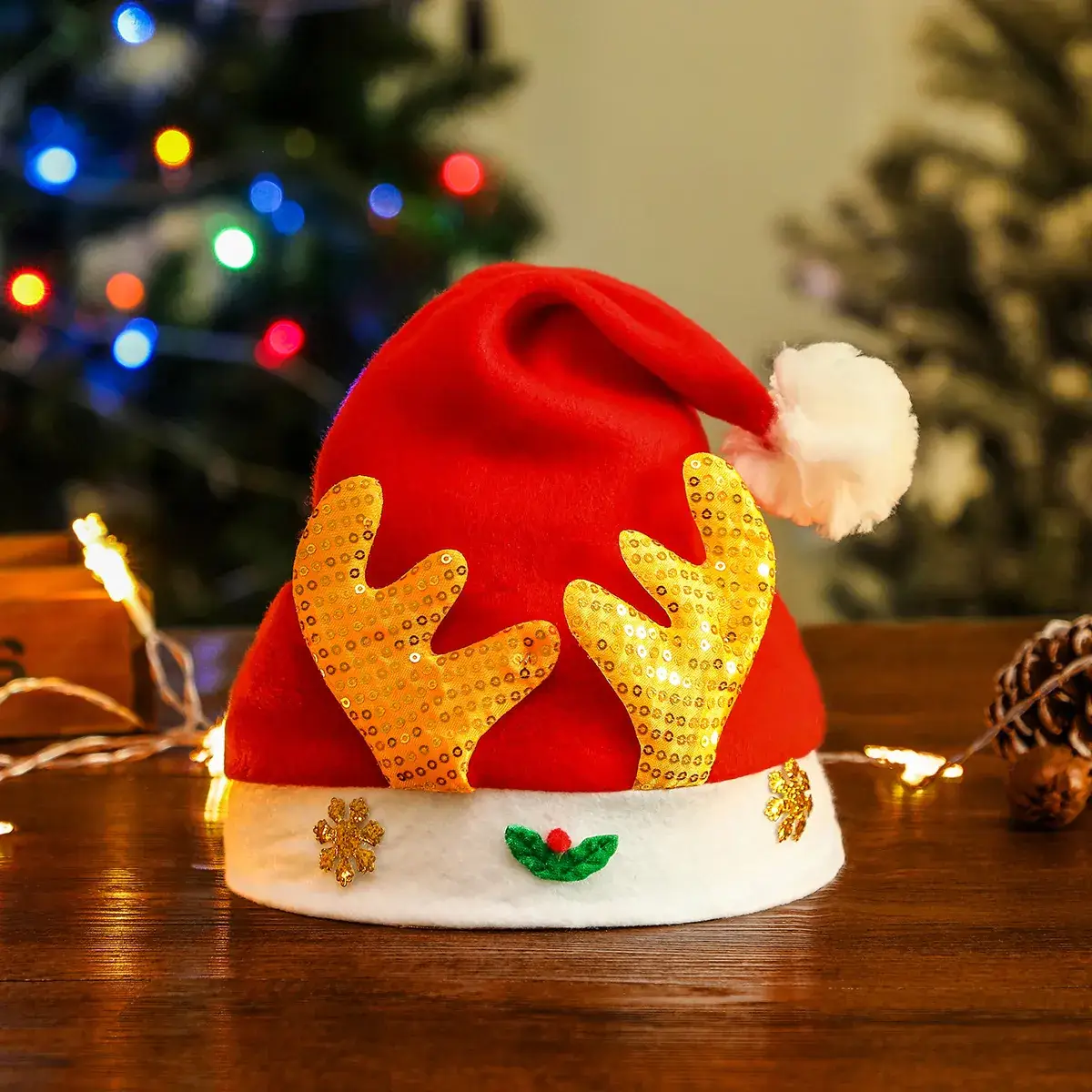 Red Christmas Hat with Gold Antlers and White Trim - Image 6
