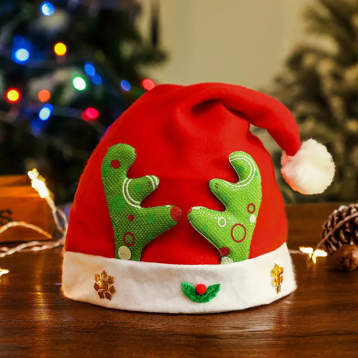 Red Christmas Hat with Gold Antlers and White Trim - Image 7