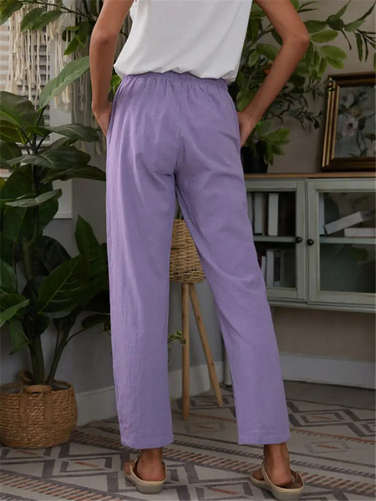 Women Loose Cotton Linen Pants Solid Beige Large Pocket - Image 8