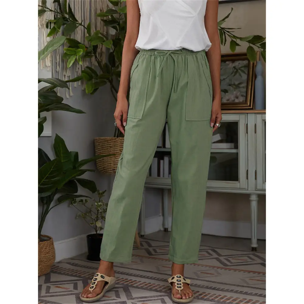 Women Loose Cotton Linen Pants Solid Beige Large Pocket - Image 2