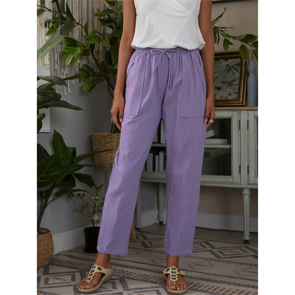 Women Loose Cotton Linen Pants Solid Beige Large Pocket - Image 4
