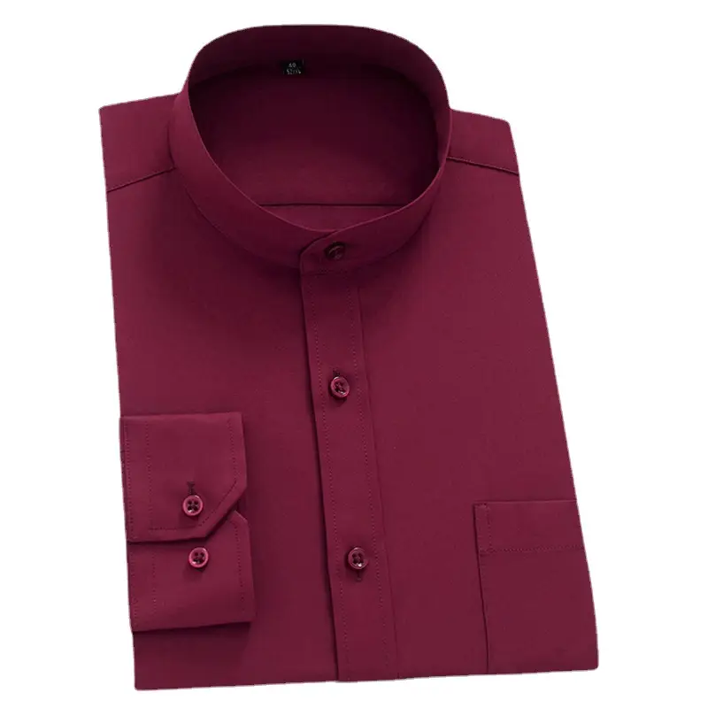 New Men's Chinese Collar Shirt White Maroon No Iron - Image 5