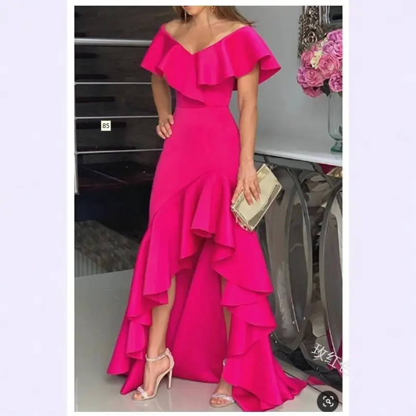 Women's V Neck Ruffled Dress Pink Asymmetrical - Image 7