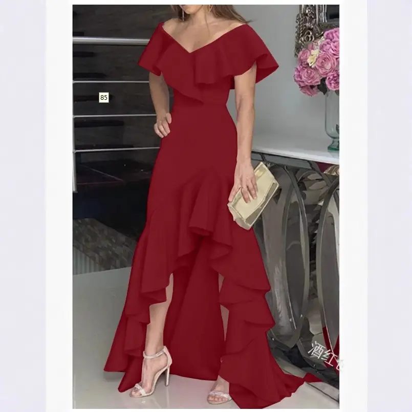 Women's V Neck Ruffled Dress Pink Asymmetrical - Image 8