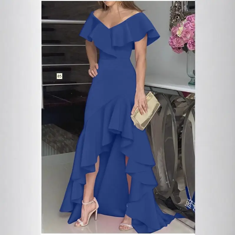 Women's V Neck Ruffled Dress Pink Asymmetrical - Image 9