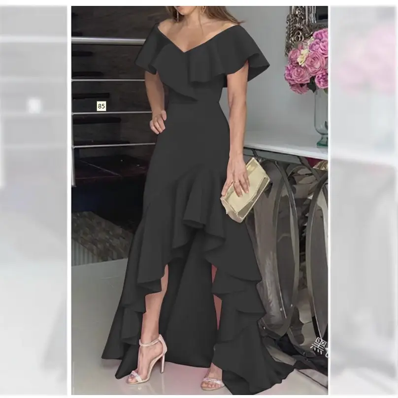 Women's V Neck Ruffled Dress Pink Asymmetrical - Image 10