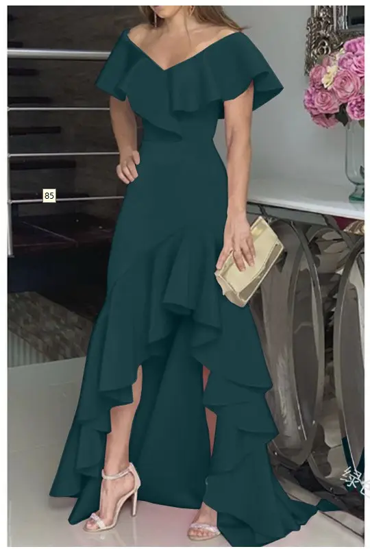 Women's V Neck Ruffled Dress Pink Asymmetrical - Image 2