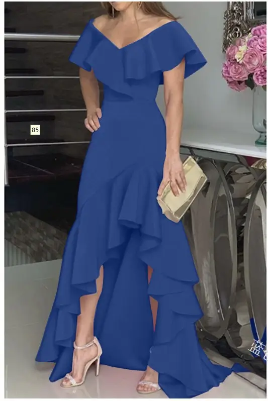 Women's V Neck Ruffled Dress Pink Asymmetrical - Image 4