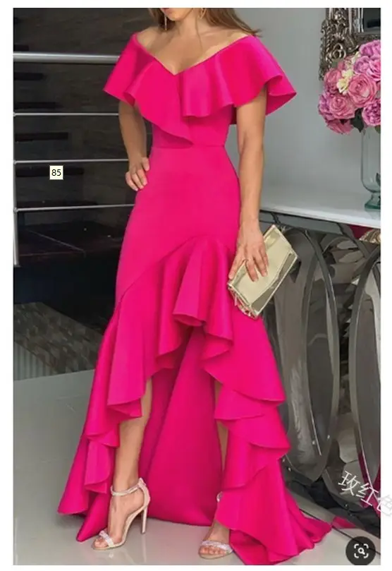 Women's V Neck Ruffled Dress Pink Asymmetrical - Image 5