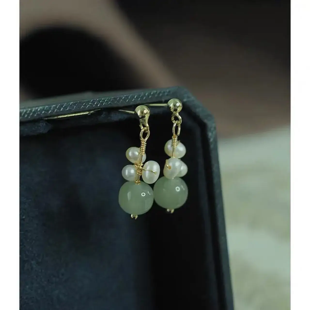 Elegant Green Jade Pearl Gold Bean Earrings for Women