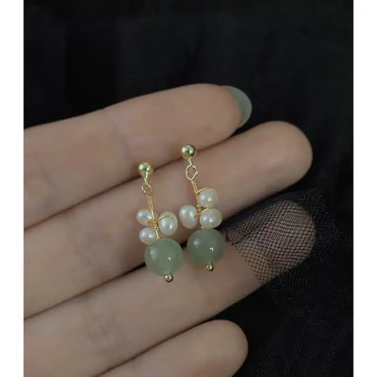 Elegant Green Jade Pearl Gold Bean Earrings for Women