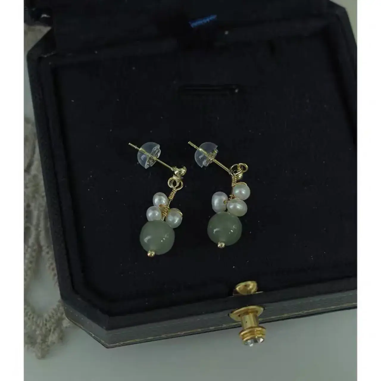 Elegant Green Jade Pearl Gold Bean Earrings for Women — feature 9