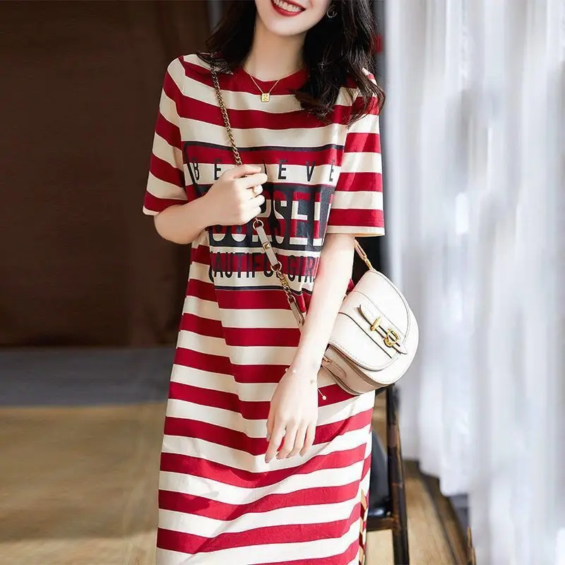 Women Korean Style Striped Print Mid-Length Dress
