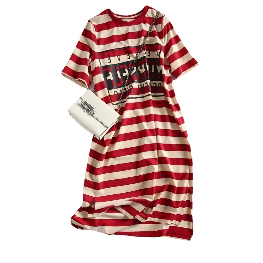 Women Korean Style Striped Print Mid-Length Dress