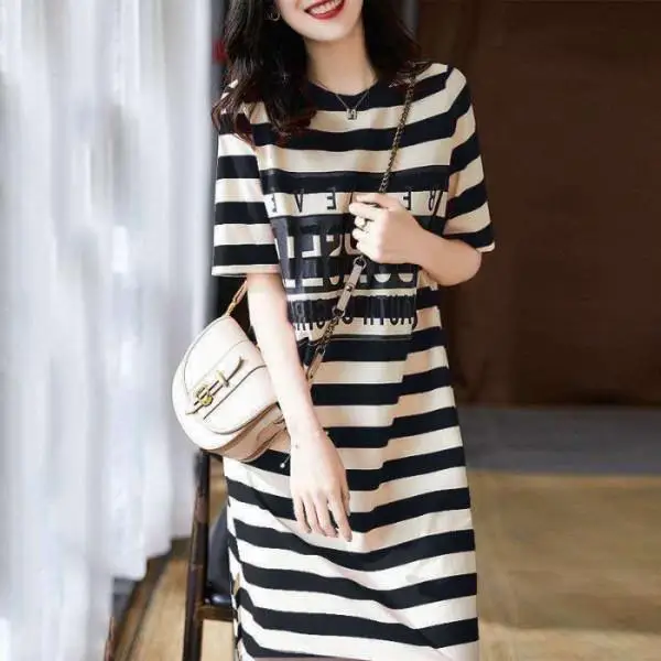 Women Korean Style Striped Print Mid-Length Dress