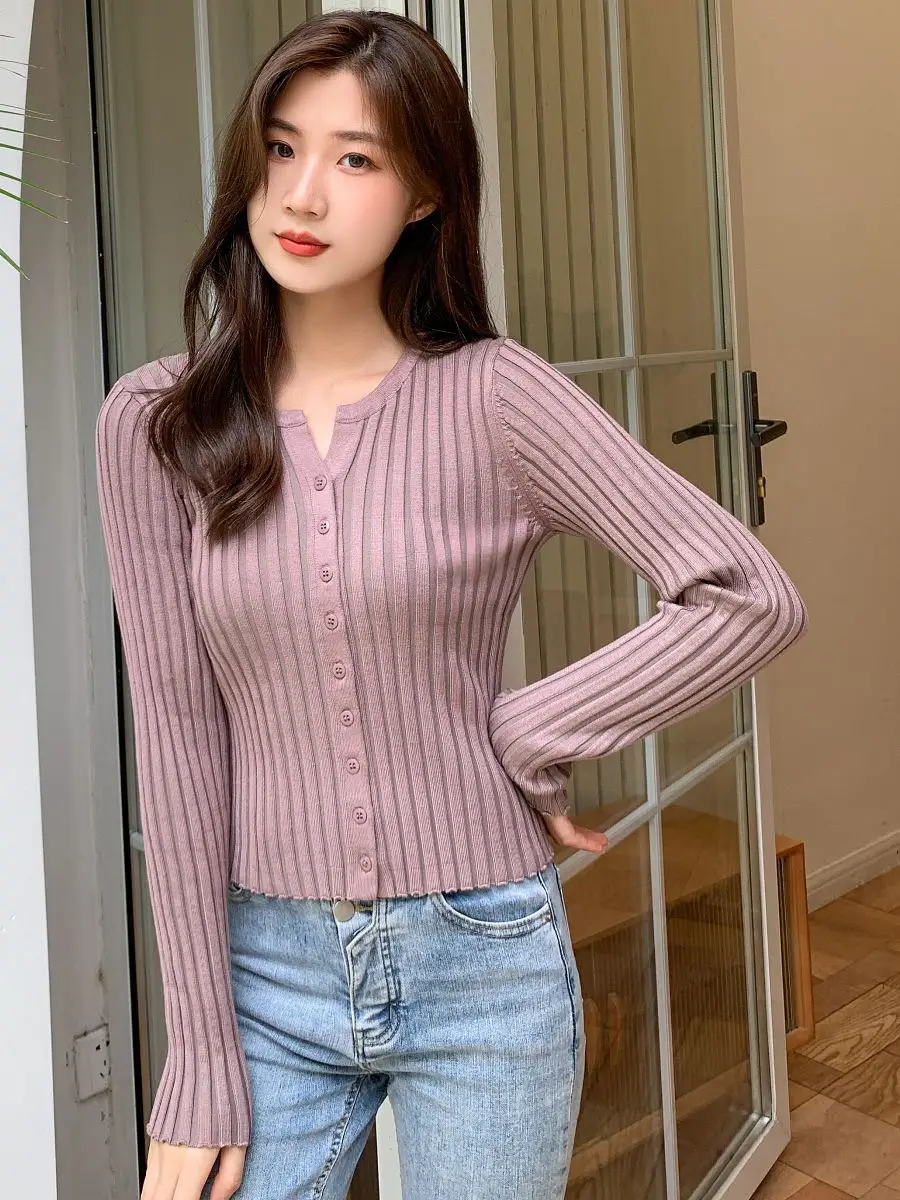 Women Knit V-Neck Long Sleeve Top White - Image 9