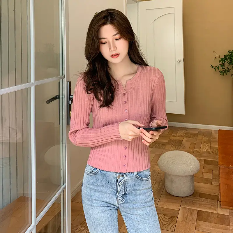 Women Knit V-Neck Long Sleeve Top White - Image 2
