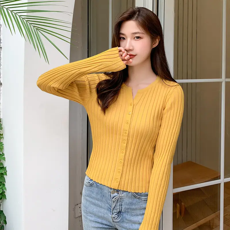 Women Knit V-Neck Long Sleeve Top White - Image 3