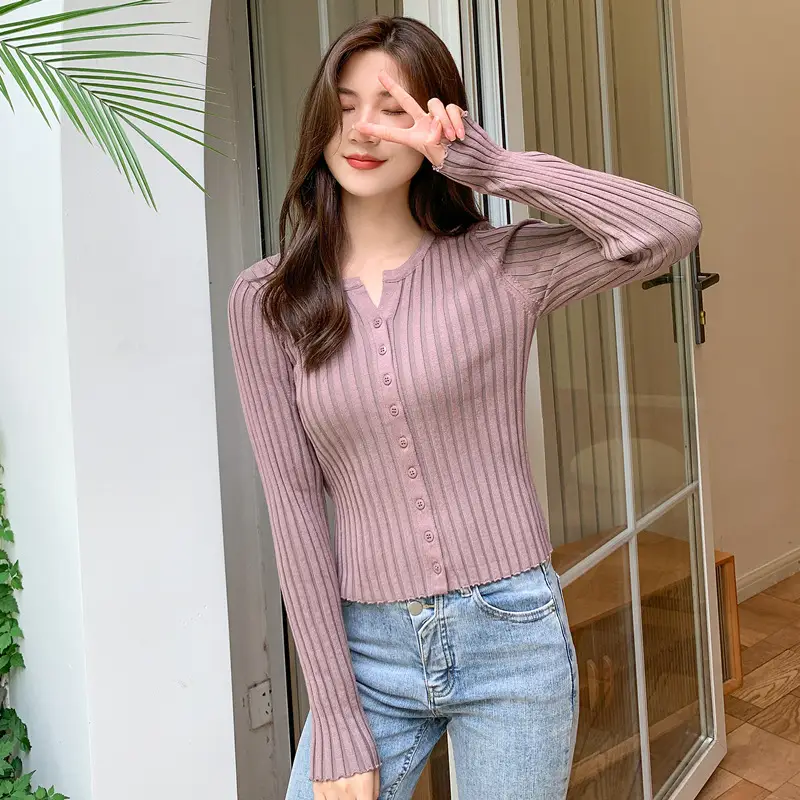 Women Knit V-Neck Long Sleeve Top White - Image 5