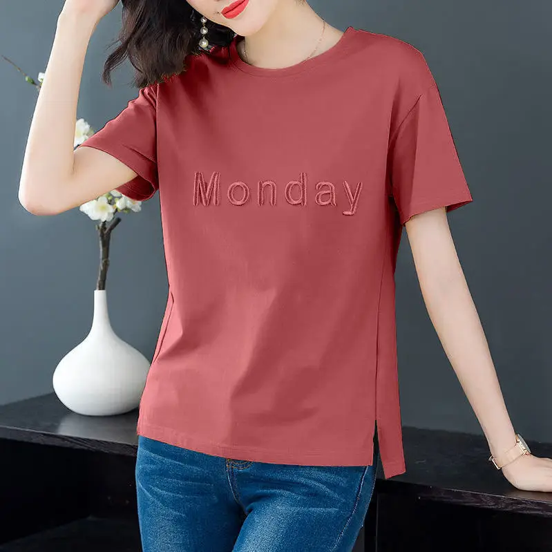 Women Korean Style Monday T-Shirt Red Loose Fit - Image 9
