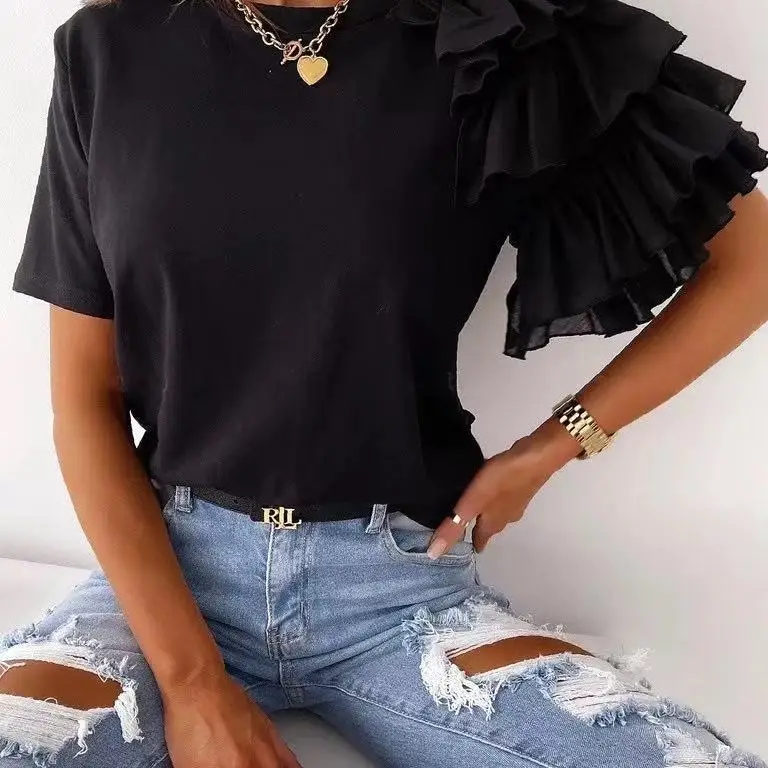 2021 Summer Ruffled T-Shirt White Short Sleeve - Image 22