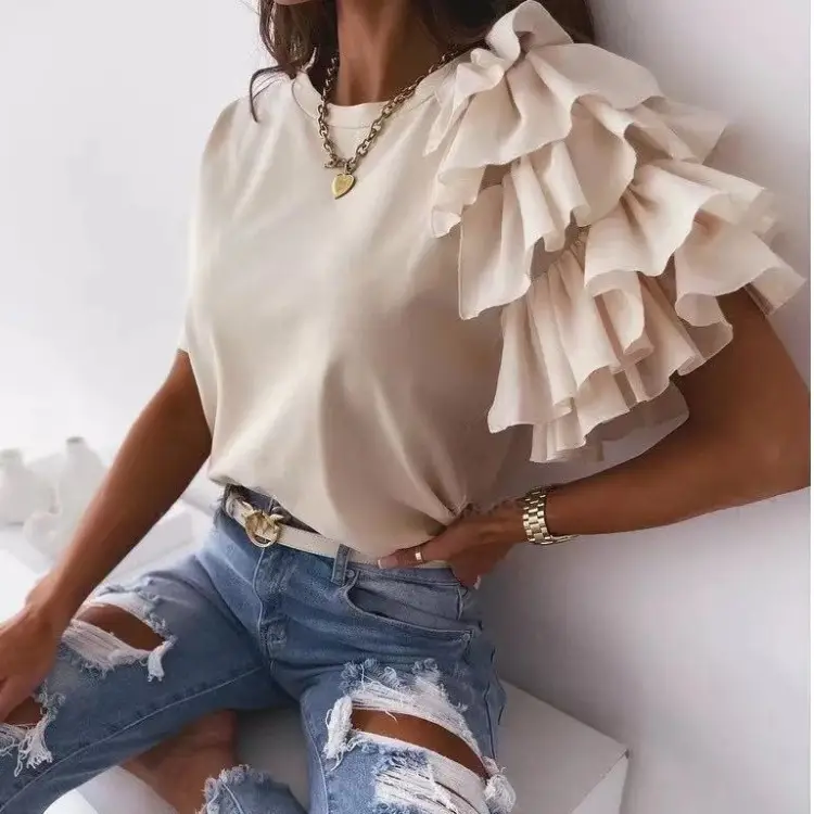 2021 Summer Ruffled T-Shirt White Short Sleeve - Image 24