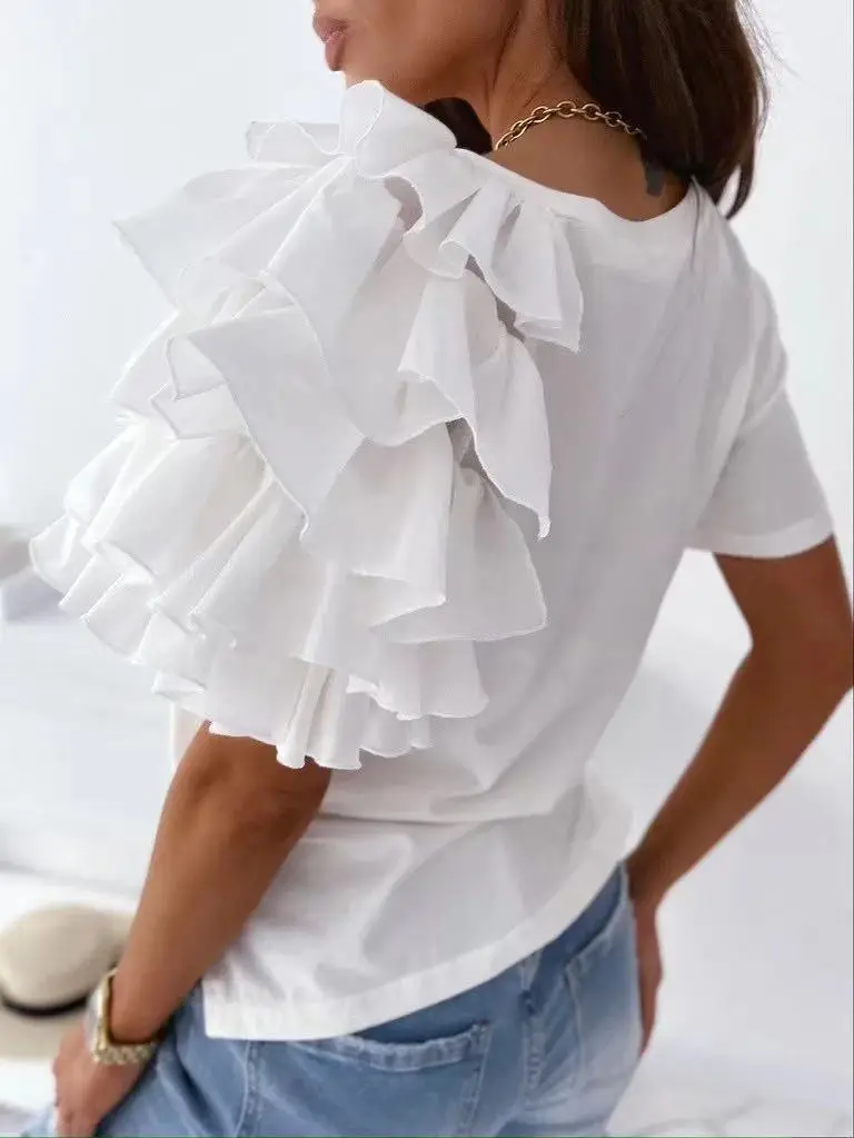 2021 Summer Ruffled T-Shirt White Short Sleeve — feature 2