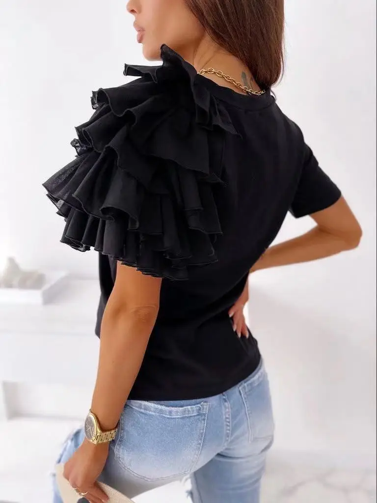 2021 Summer Ruffled T-Shirt White Short Sleeve — feature 4
