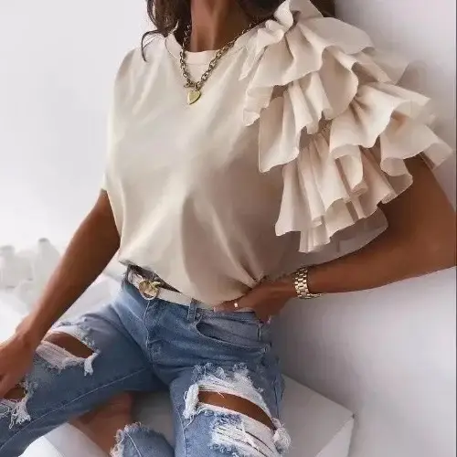 2021 Summer Ruffled T-Shirt White Short Sleeve - Image 17