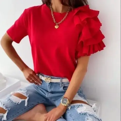 2021 Summer Ruffled T-Shirt White Short Sleeve - Image 8