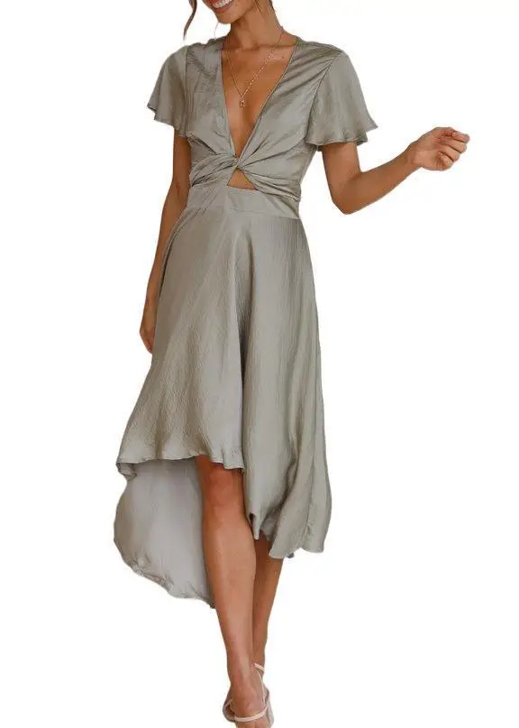 Women's Grey V-Neck Irregular Skirt Dress 2021 - Image 4