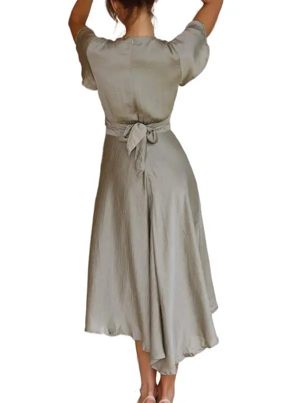 Women's Grey V-Neck Irregular Skirt Dress 2021 - Image 5