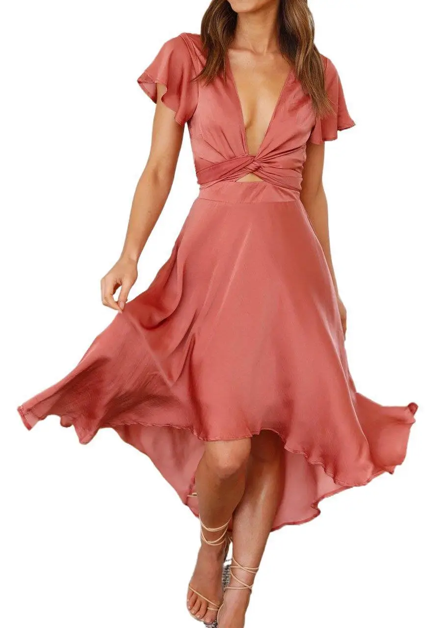 Women's Grey V-Neck Irregular Skirt Dress 2021 - Image 6