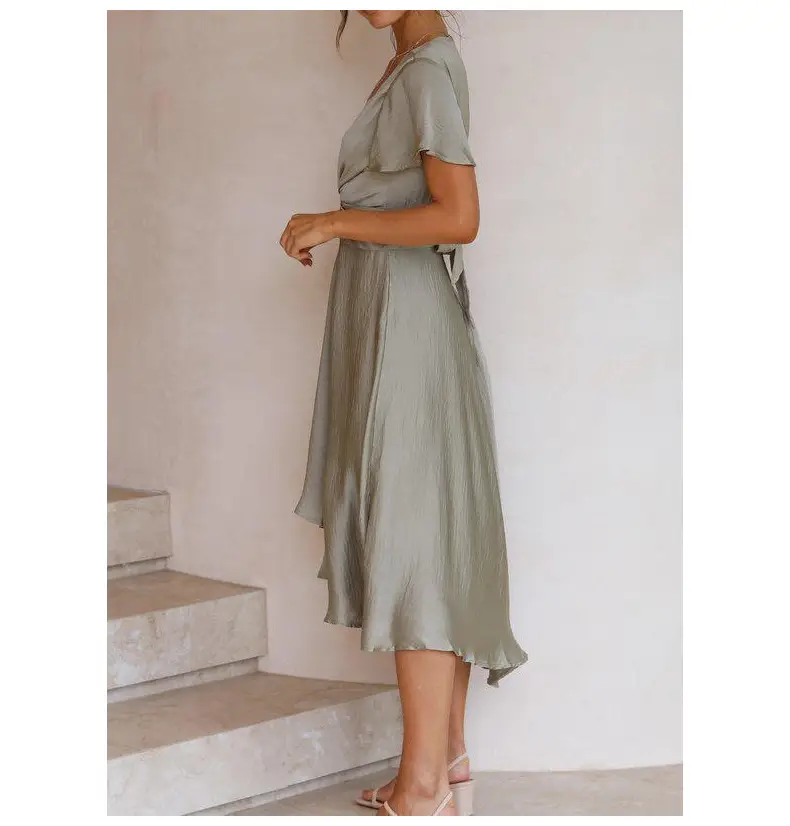 Women's Grey V-Neck Irregular Skirt Dress 2021 — feature 10