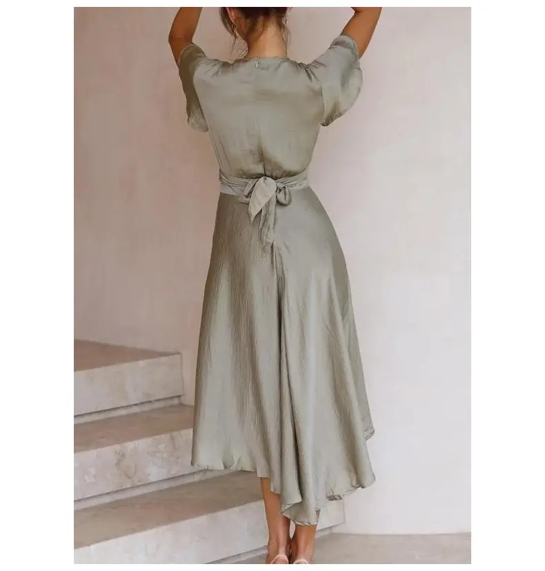 Women's Grey V-Neck Irregular Skirt Dress 2021 — feature 9