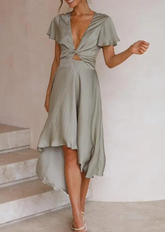 Women's Grey V-Neck Irregular Skirt Dress 2021 - Image 2