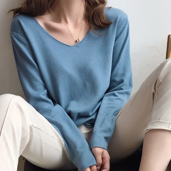 Women V-Neck Sweater Saree Base Cotton Loose Spring Autumn - Image 14