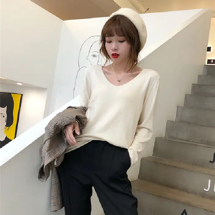 Women V-Neck Sweater Saree Base Cotton Loose Spring Autumn - Image 7