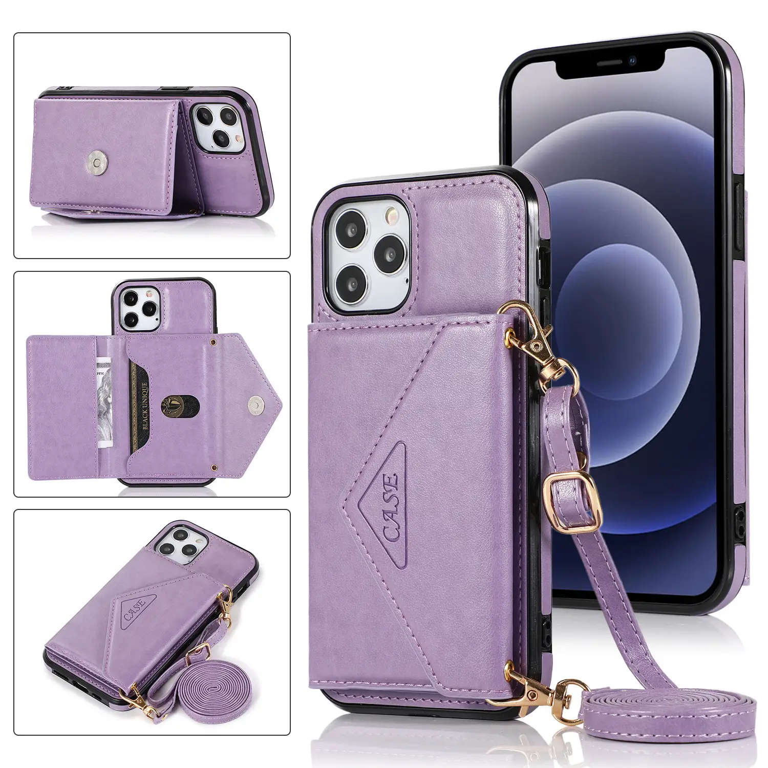 Pink Leather Triangle Crossbody Phone Case with Card Holder - Image 6