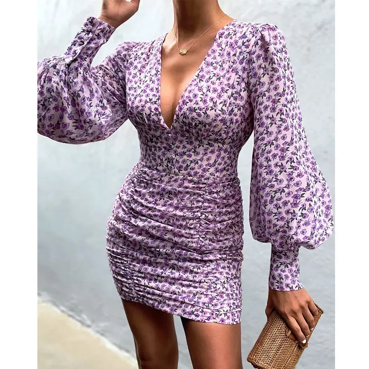Women Printed V-Neck Bodycon Dress Purple