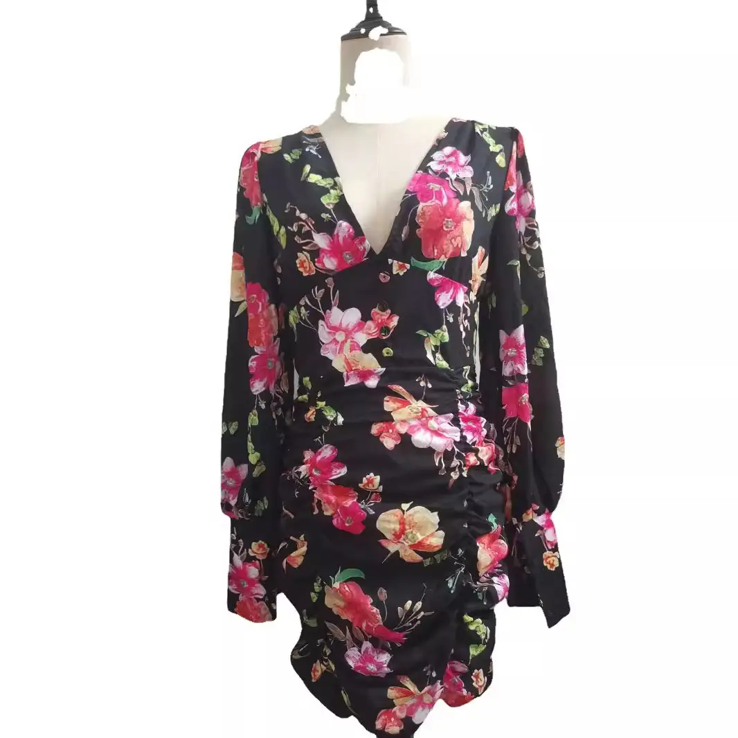Women Printed V-Neck Bodycon Dress Purple