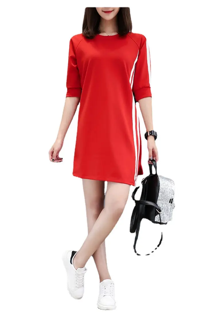 Women Red Three Quarter Sleeve Casual Dress Mid Length