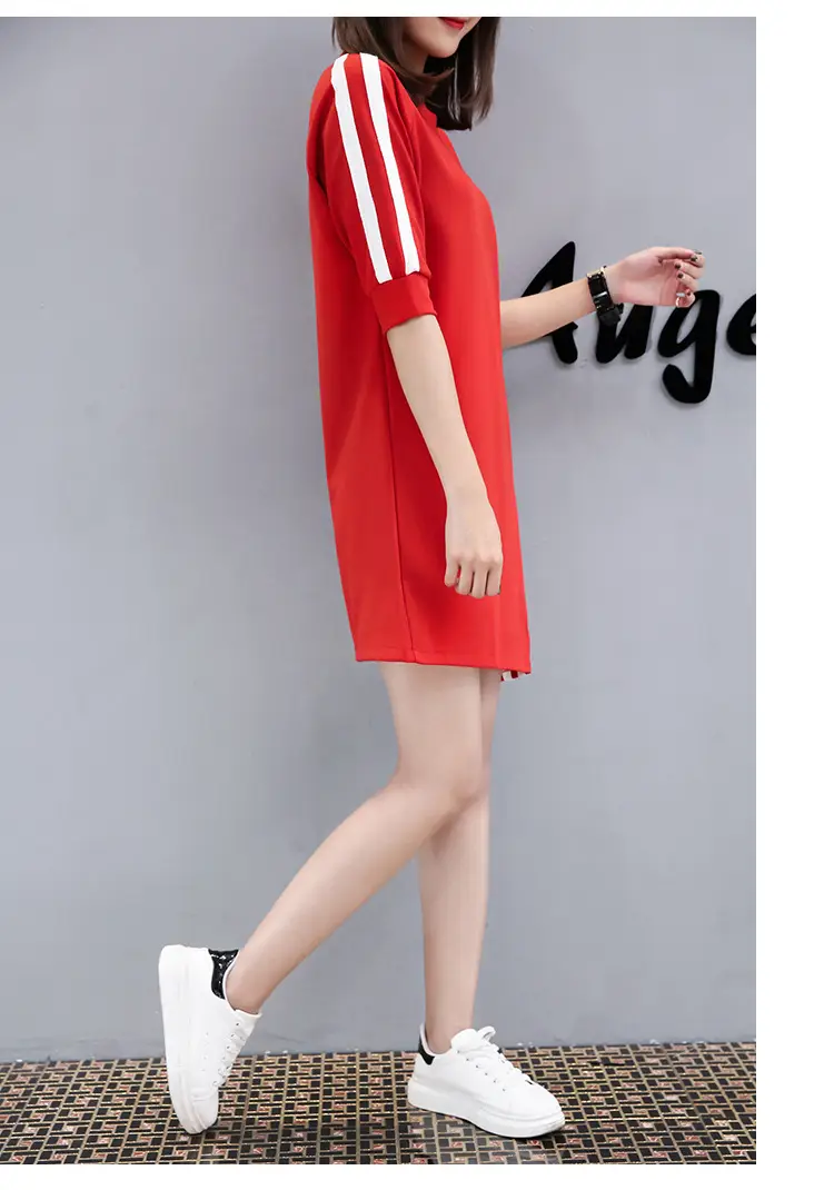 Women Red Three Quarter Sleeve Casual Dress Mid Length — feature 11