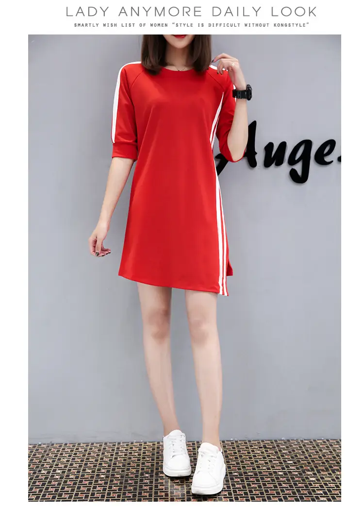 Women Red Three Quarter Sleeve Casual Dress Mid Length — feature 12