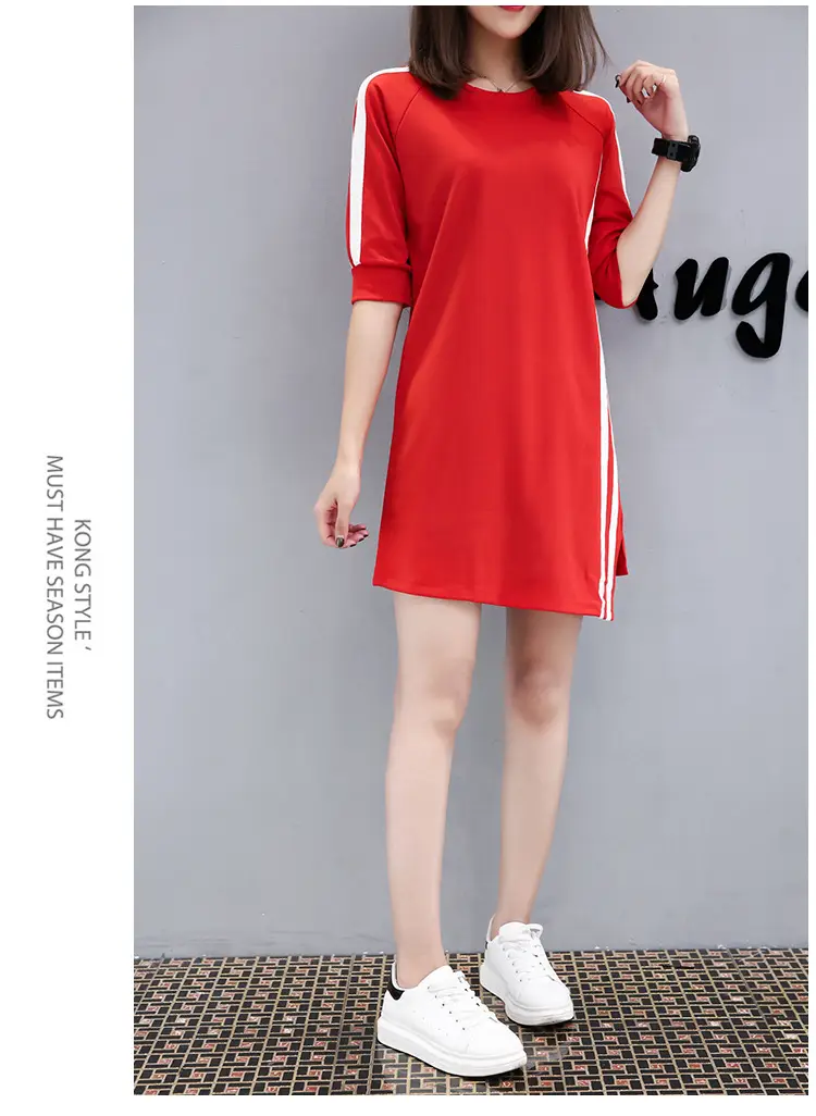 Women Red Three Quarter Sleeve Casual Dress Mid Length — feature 13