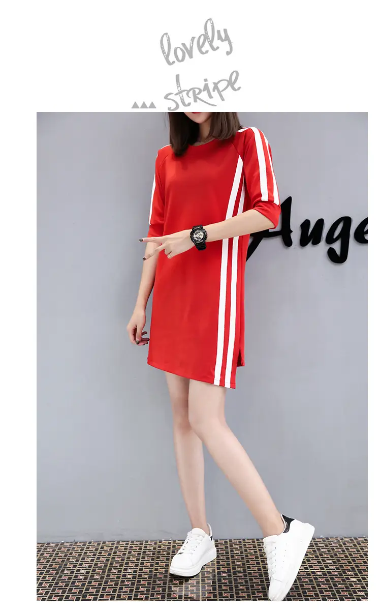 Women Red Three Quarter Sleeve Casual Dress Mid Length — feature 14
