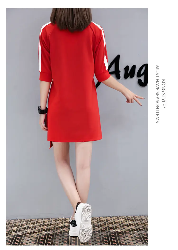 Women Red Three Quarter Sleeve Casual Dress Mid Length — feature 15