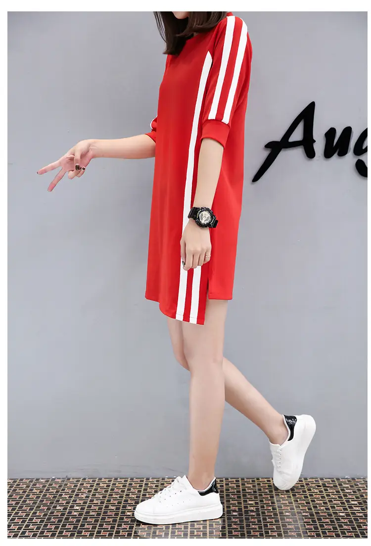 Women Red Three Quarter Sleeve Casual Dress Mid Length — feature 16